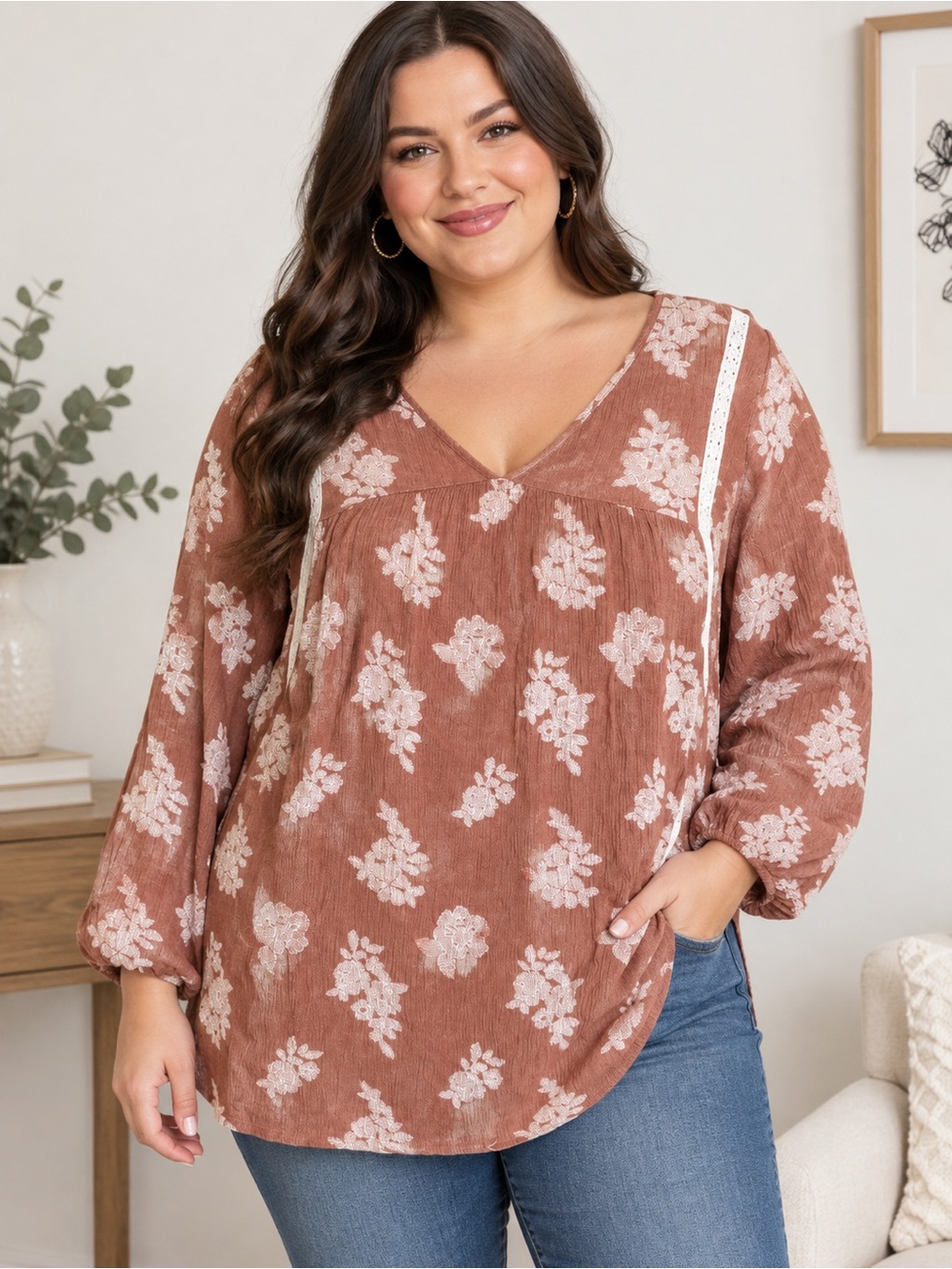 Plus Size Rust Floral V-Neck Tunic Top with Lace Trim